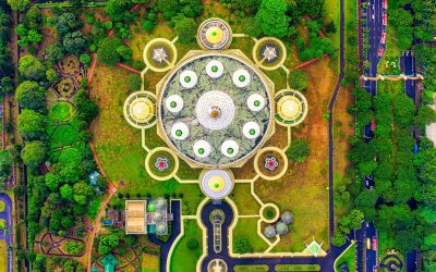 Explore the vibrant design of Indonesia's Taman Mini Indonesia Indah from above.